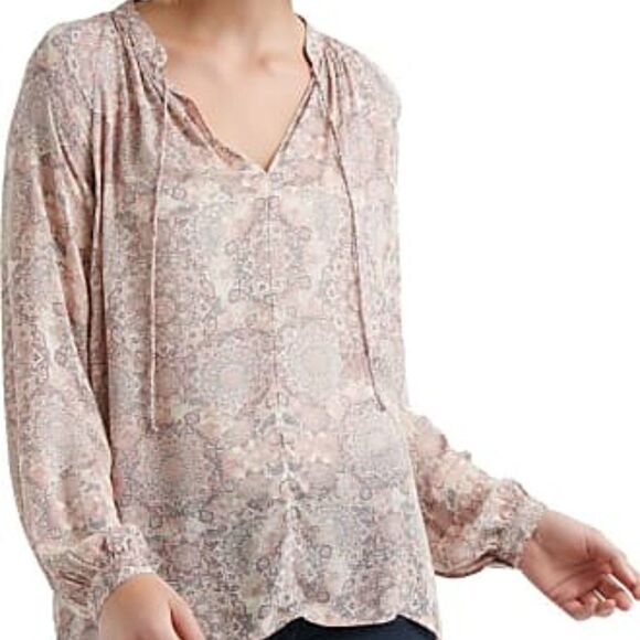 Lucky Brand Pink White Brown 70s Boho Print Long Sleeve Pusyy Bow Top - Picture 1 of 9